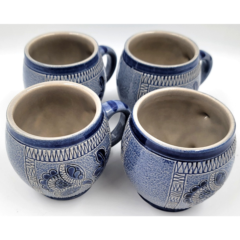 4 Marzi Remy 3141 Pottery Mug German Stein Blue Engraved Floral Cup 1950 - 1970